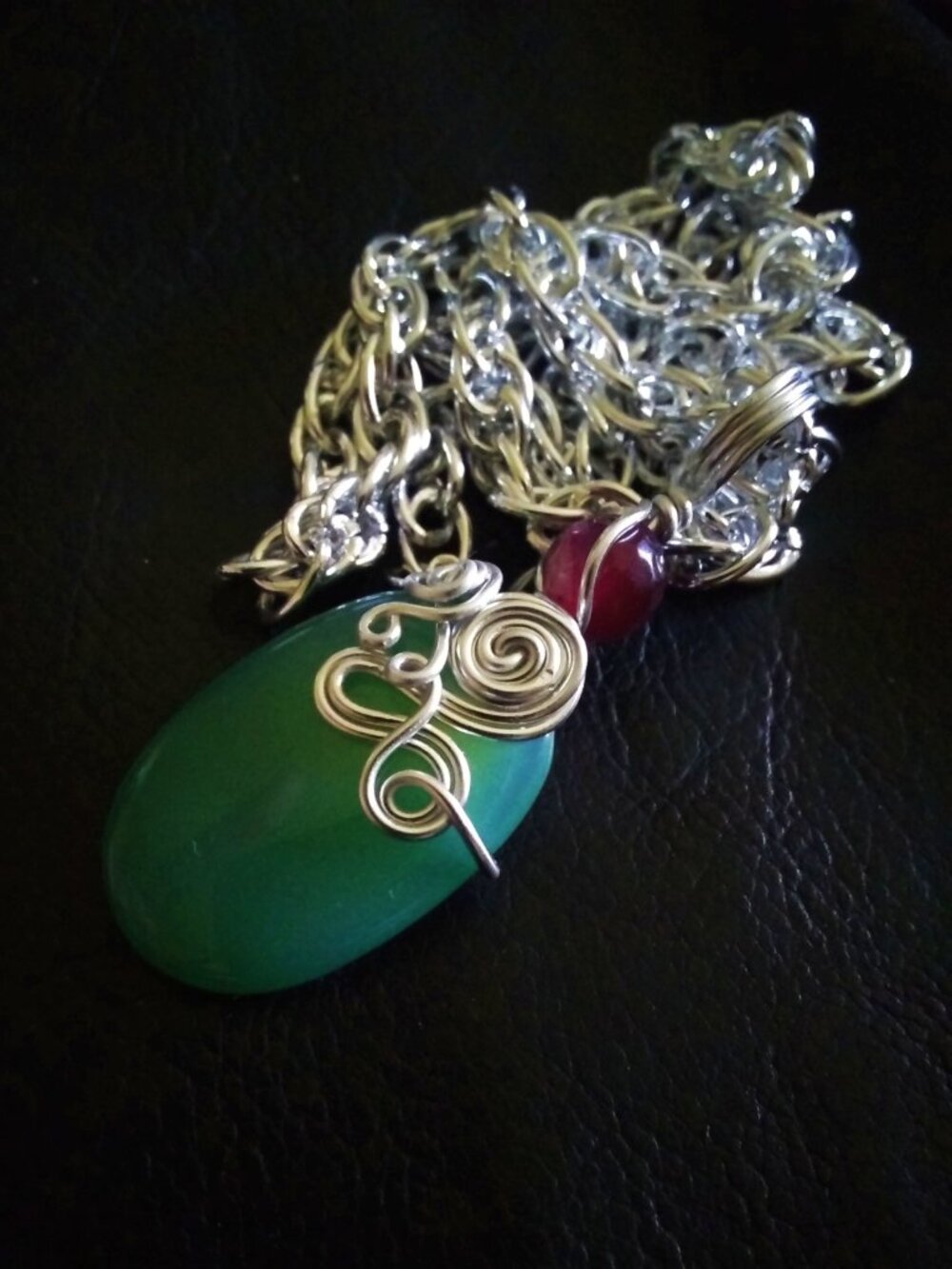 Handmade! Green + Raspberry Agate Pendant w. 18" Rope Chain - Vibrantly Unique! - Picture 3 of 11